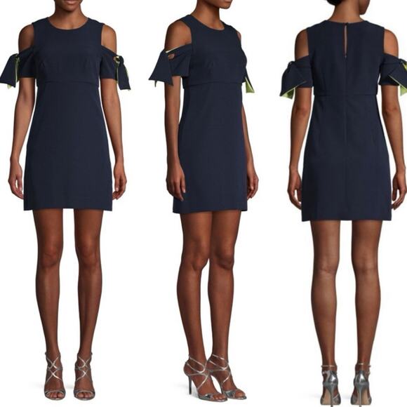 Milly Mini Cocktail Dress Cold Shoulder Short Sleeve Navy and Lime Size 6 - Picture 1 of 12